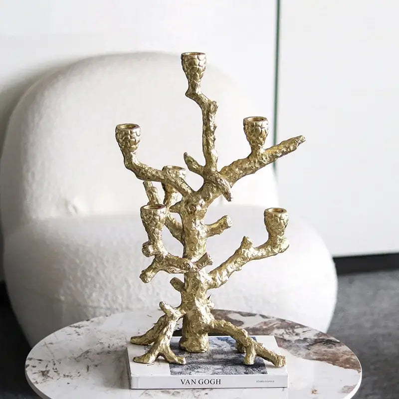 Golden textured coral-inspired five candle holder candlestick holder decorbites golden bough candelabrum for dining room