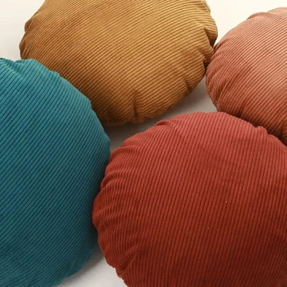 Corduroy round pillow covers in mustard yellow terracotta red and teal blue textured fabric for living room decorbites decor