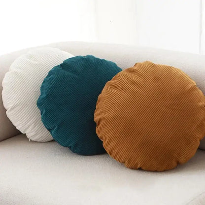 Three round corduroy throw pillow covers in white teal and mustard yellow for living room decorbites corduroy round pillow