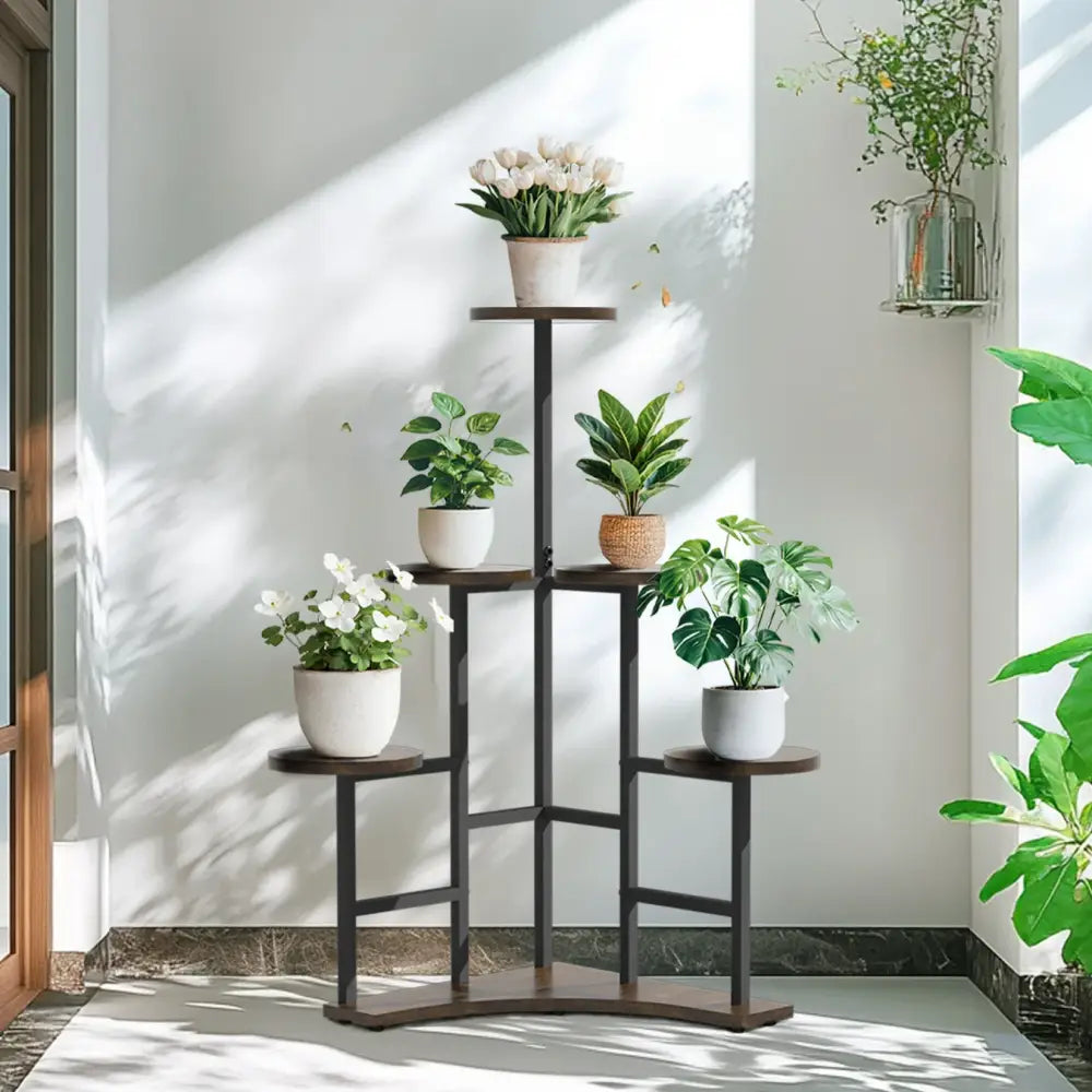 Black metal plant stand with wooden shelves decorbites™ 6-tier corner plant stand for space-saving display