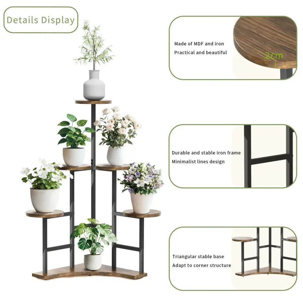 DecorBites 6-tier corner plant stand with dark iron frame and warm wood-toned mdf shelves for space-saving display