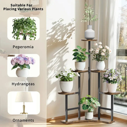 DecorBites 6-tier corner plant stand with dark metal frame and wooden shelves holding white ceramic potted plants