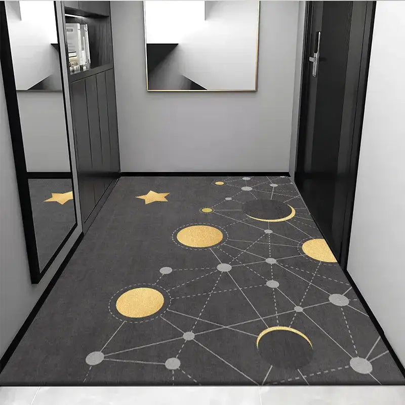 Dark gray hallway rug with modern cosmic design in grey crystal velvet for stylish crystal velvet entrance decorbites grey crystal