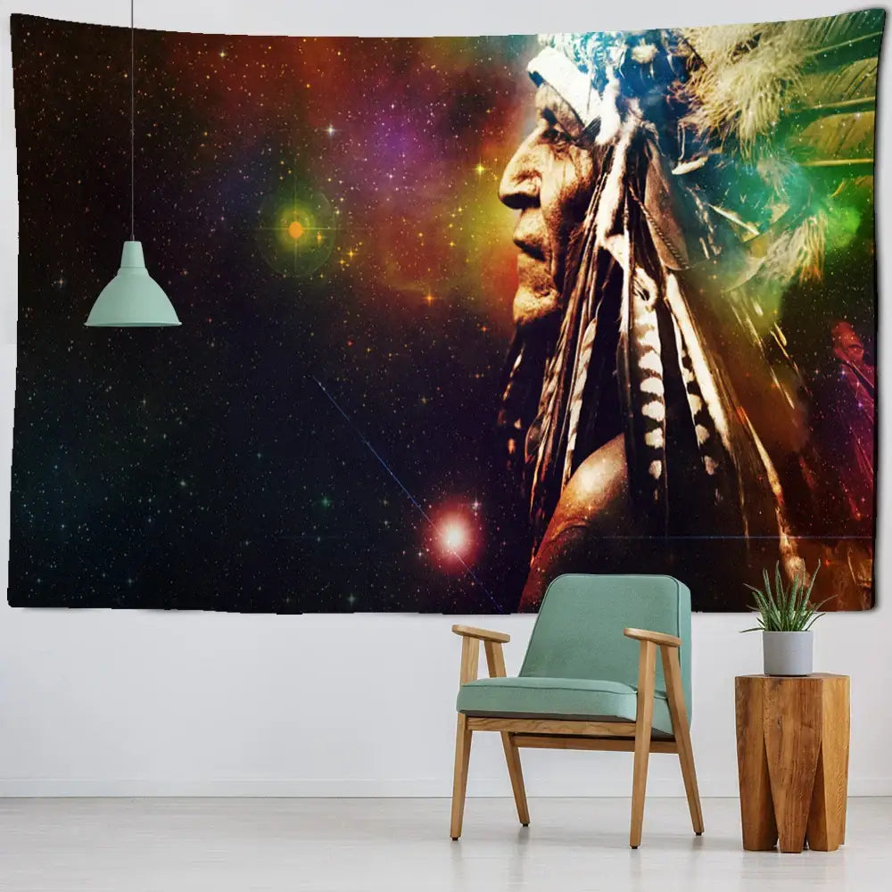 Vibrant cosmic indian head psychedelic tapestry wall hanging with native american chief in profile for decorbites indian head decor
