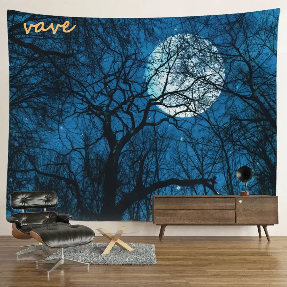 A dark blue tree landscape tapestry featuring a full moon and forest tree branches for decorbites bedroom wall decor