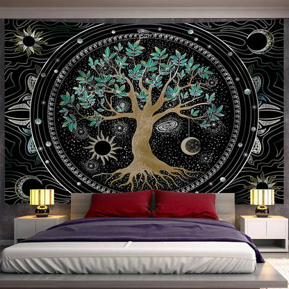 Cosmic teal and black green life tree tapestry with intricate celestial designs for bedroom wall hanging