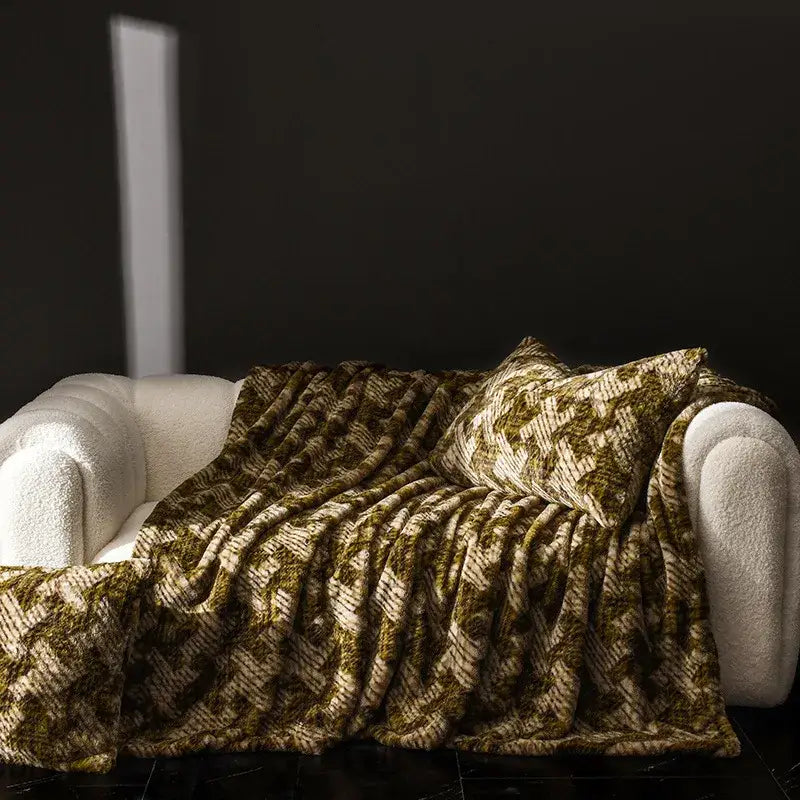Olive and cream patterned faux rabbit plush throw blanket with textured woven design for cosy faux decorbites living room decor
