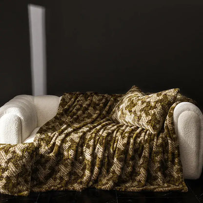 Olive and cream patterned faux rabbit plush throw blanket with textured woven design for cosy faux decorbites living room decor