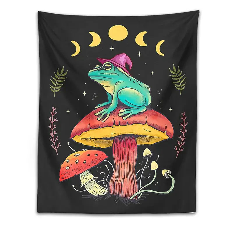 Cottagecore frog on mushroom tapestry wall hanging featuring a teal frog on red and yellow mushroom bedroom decorbites frog