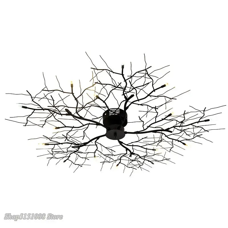 Black metal country branch iron ceiling light fixture with branching limbs and warm LED lights for living room decorbites decor