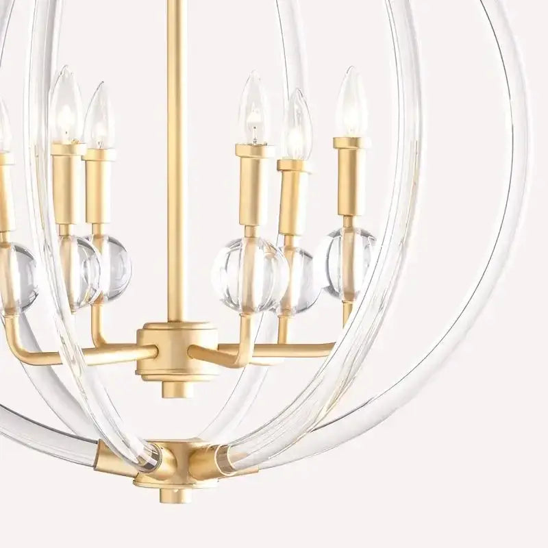 Gold-finished decorbites country industrial ball chandelier with clear acrylic rings and crystal spheres for living room light
