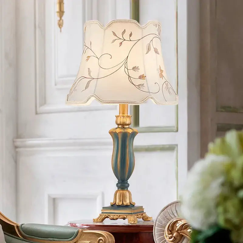 Elegant cream and gold floral desk lamp with embroidered shade and ornate base for decorbites country pastoral desk decor