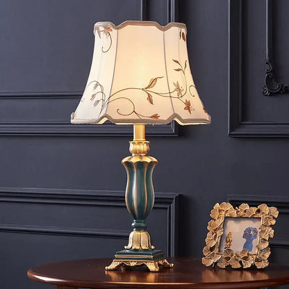 Elegant teal and gold ornate desk lamp with cream fabric shade and brown floral embroidery by decorbites country pastoral
