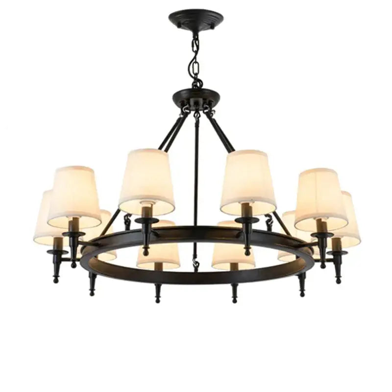 Black wrought iron country retro chandelier pendant light with cream fabric shades for dining room decorbites country retro