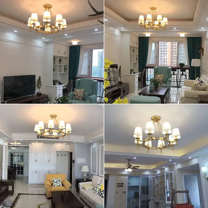Gold-toned country retro chandelier pendant light with frosted glass fabric shades and circular bronze frame for dining room decorbites