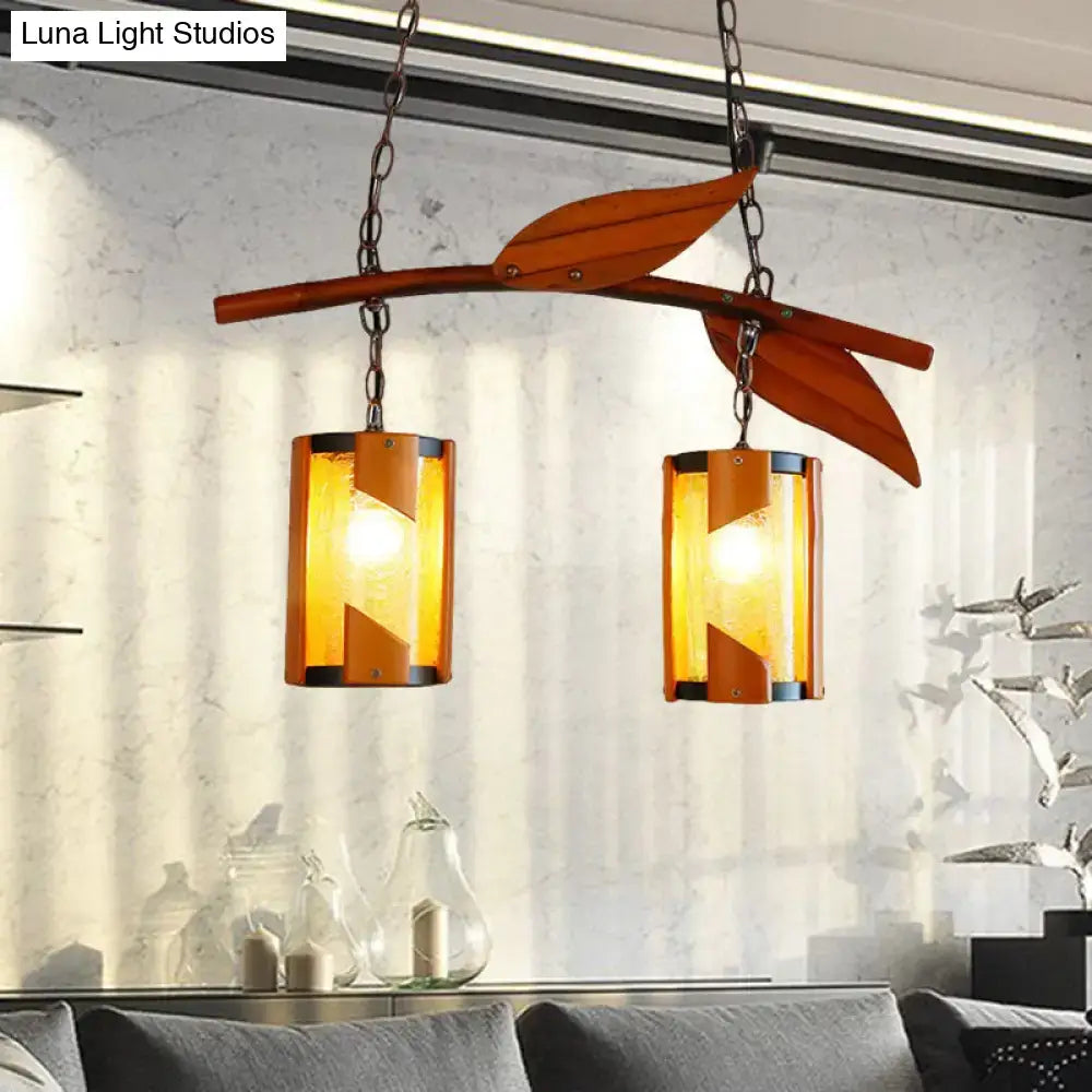 Warm amber crackle glass pendant lights with branch accent hanging from rustic wooden fixture 220v-240v 110v-120v