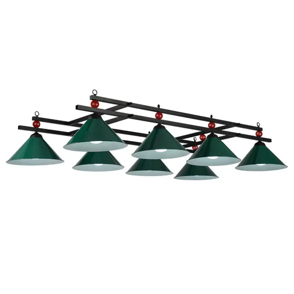 Country style dark green conical pool ball bar island lighting fixture with black metal frame and red accents and chain cord length