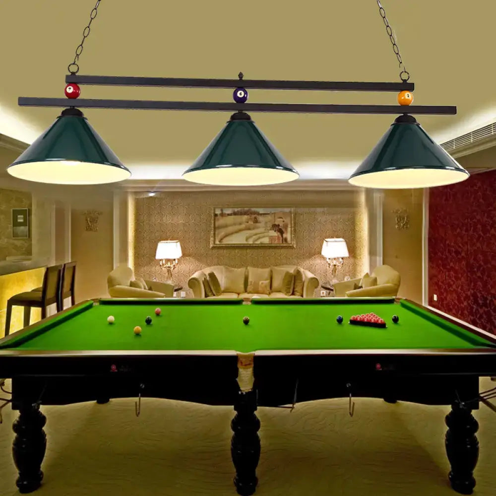 Dark green conical pendant bar island lighting fixture with chain suspension and pool ball accents for country style decor