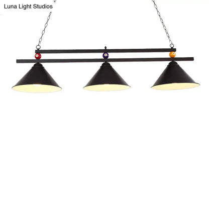 Country style dark green black metal pool ball bar island lighting fixture with three conical shades and chain cord length