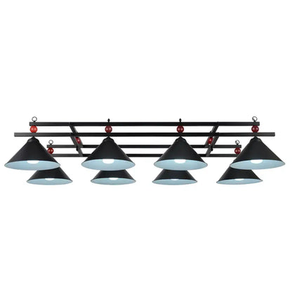 Country style dark green bar island lighting fixture with black metal pool table light and eight conical shades with red beads