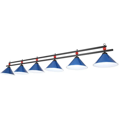 Country style dark green bar island lighting fixture with blue conical pool table light and red decorative spheres chain cord length adjustable