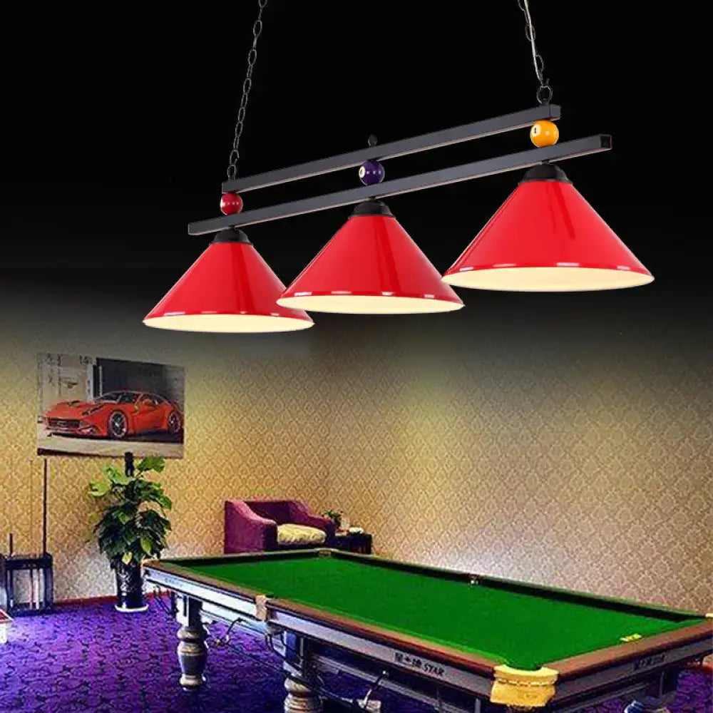 Country style dark green pool ball bar island lighting fixture with red conical pendant lights and adjustable chain cord length