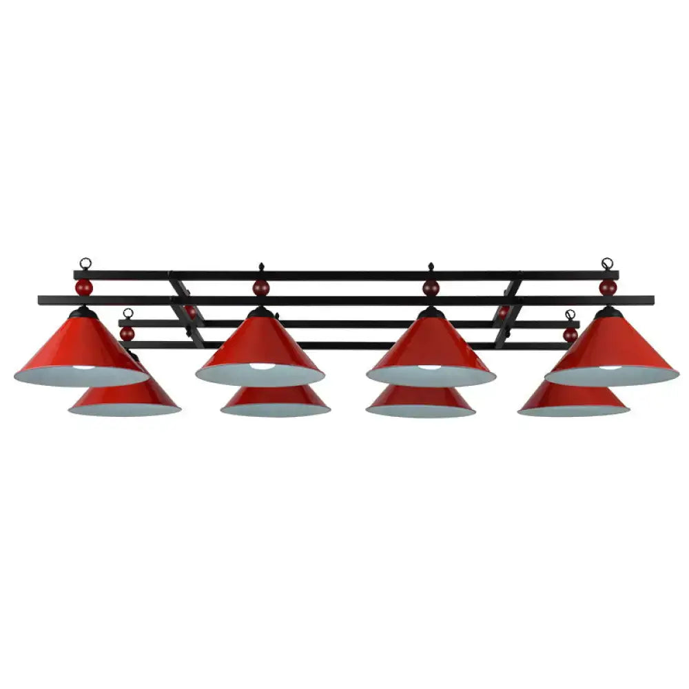 Red conical pendant lights with black metal frames for country style dark green pool ball bar island lighting fixture with chain cord length