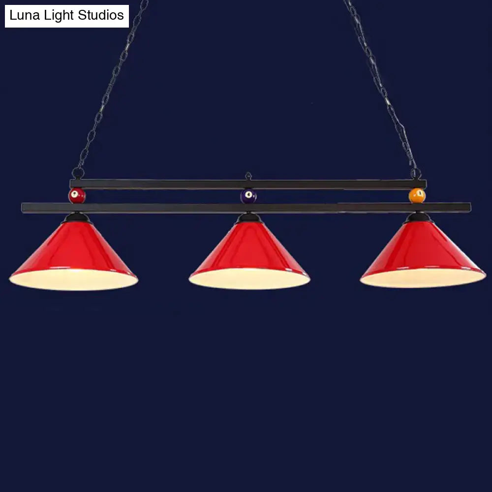 Red conical pool table light with black metal frame and chain suspension for country style bar island lighting fixture