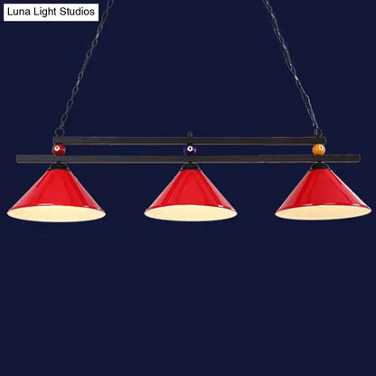 Red conical pool table light with black metal frame and chain suspension for country style bar island lighting fixture
