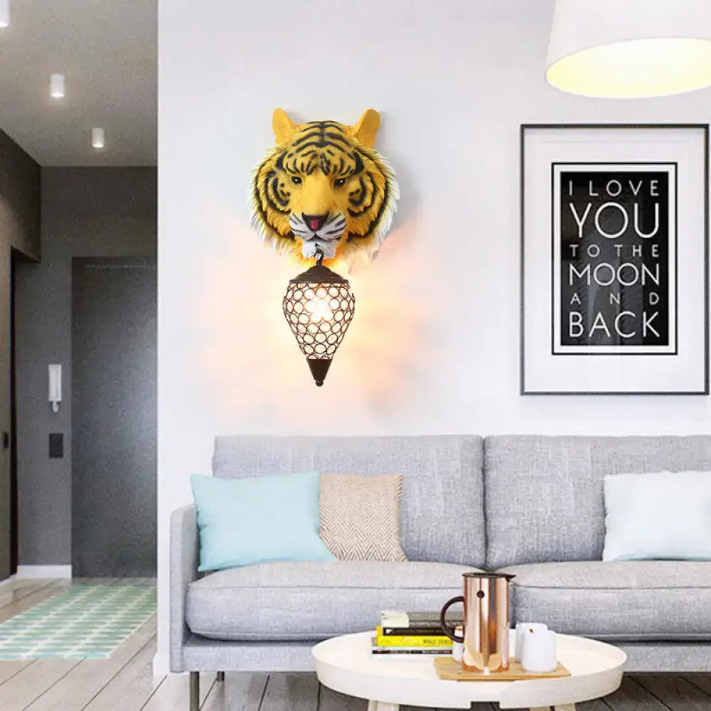 Country tiger head wall sconce with yellow and black stripes and woven metal lantern featuring clear crystal shade wall lamp