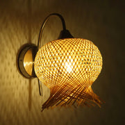 Countryside beige rattan wall light sconce with warm-toned bamboo woven lattice and fringe compatible with 110v-120v 220v-240v led incandescent fluorescent bulbs