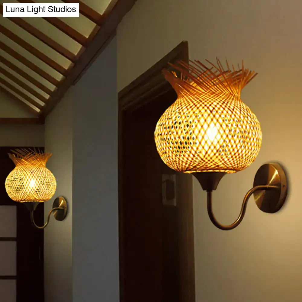 Warm-toned beige rattan wall light sconce with woven bamboo shade and curved brass arm for 110v-120v 220v-240v use
