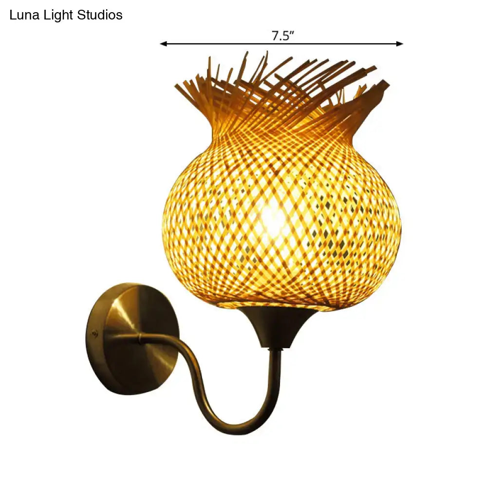 Warm-toned beige rattan wall light sconce with handwoven bamboo shade and curved brass arm 110v-120v 220v-240v compatible