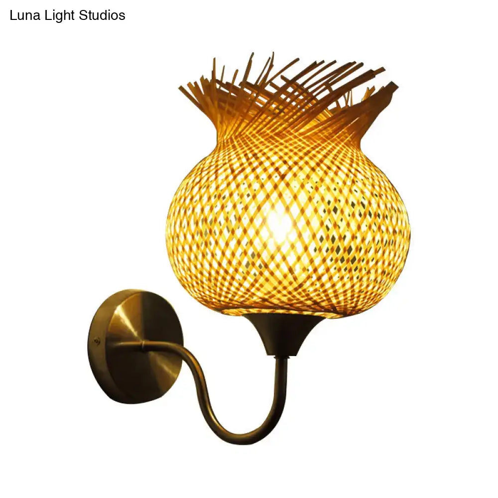 Warm-toned countryside beige rattan wall light sconce with bamboo weaving and curved brass arm for 110v-120v 220v-240v use