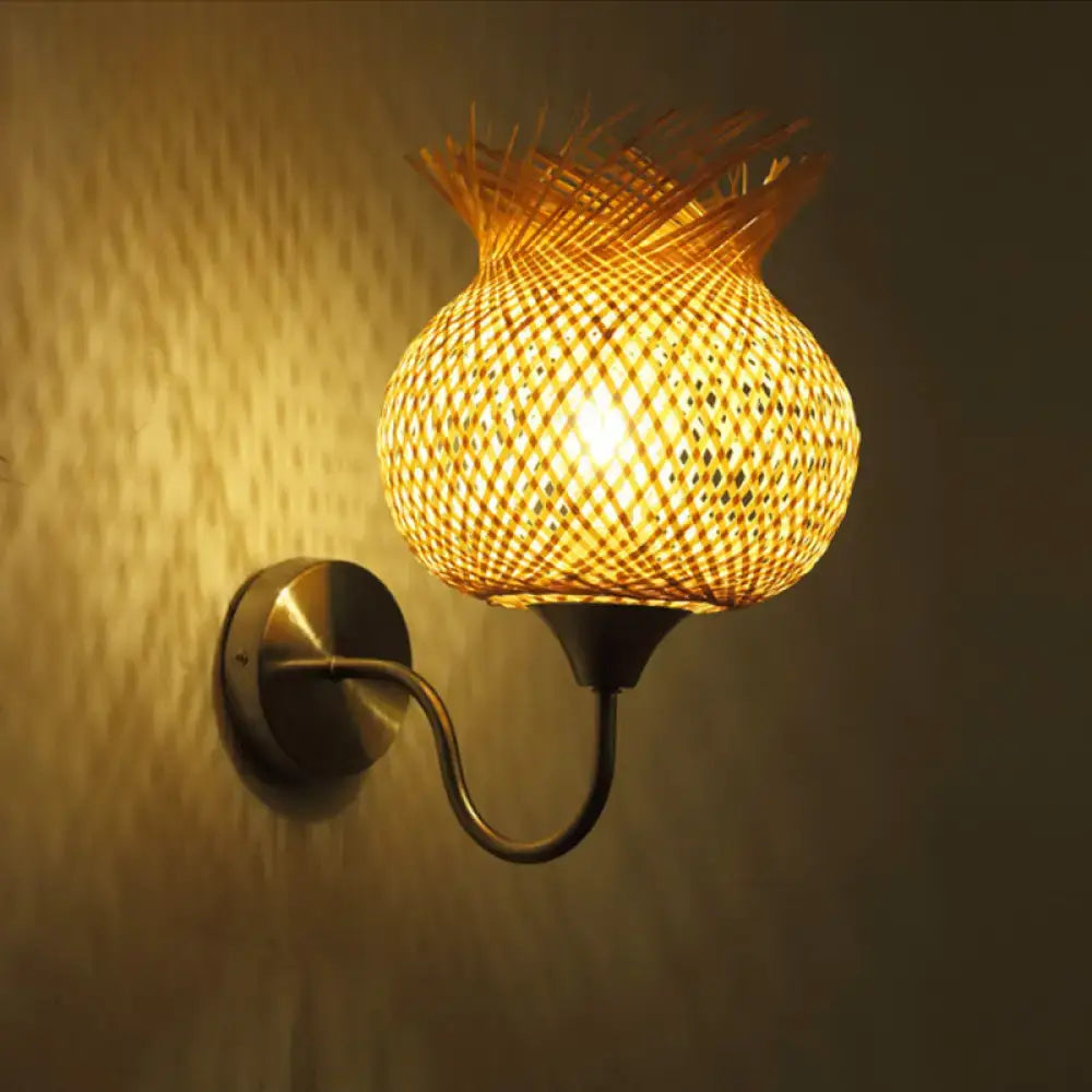 Warm-toned beige rattan wall light sconce with woven bamboo shade and curved metal arm for 110v-120v 220v-240v use