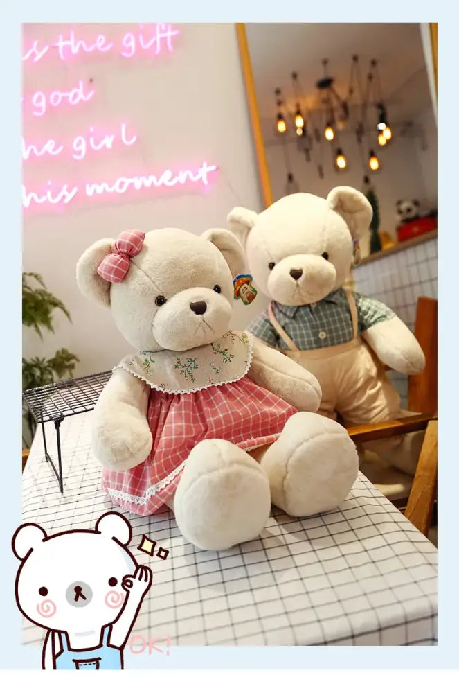 Cream-colored plush couple bear wearing a pink and white checkered dress with lace trim from decorbites plush toys