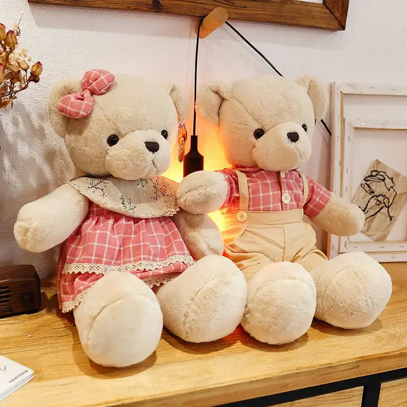 Decorbites™ 80cm couple bear plush toys beige plush couple bears in matching pink plaid outfits with lace trim and buttons