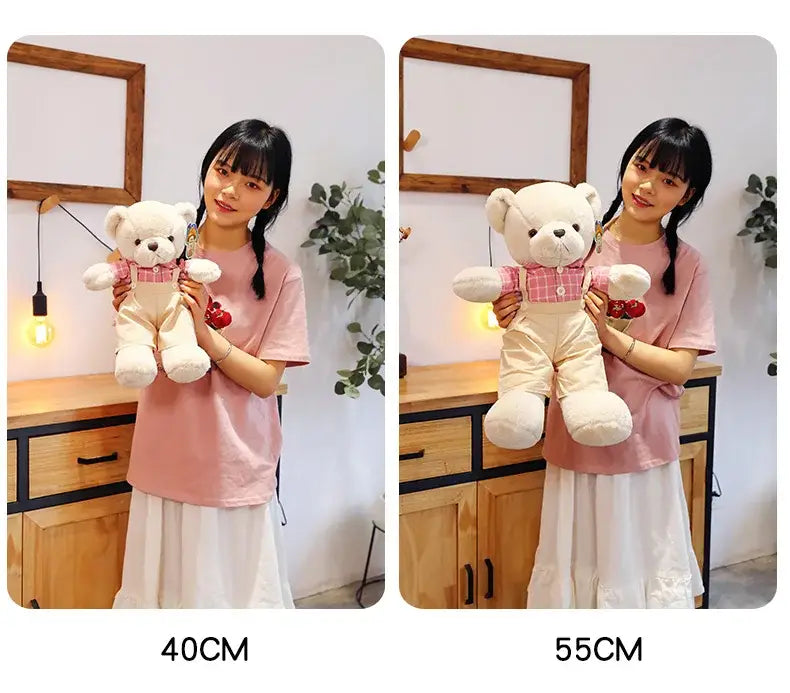 DecorBites 80cm white plush toys couple bear wearing pink plaid shirt with red heart buttons Christmas gift