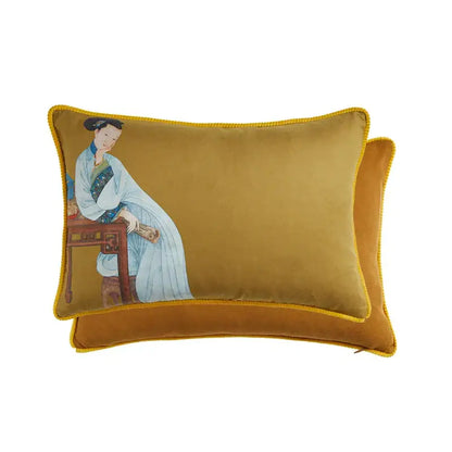 Mustard yellow velvet rectangular pillow cover featuring court puppy print with east asian woman illustration decorbites court puppy