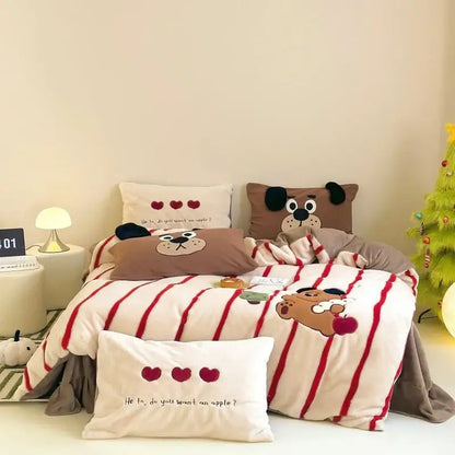 Cute brown and white striped dog-themed duvet set with embroidered faces and heart details for decorbites cozy autumn winter