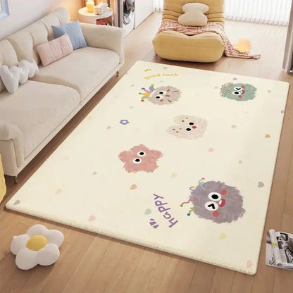 Cozy carpet cream-colored plush area rug with decorbites cartoon ball print featuring pastel fuzzy creatures