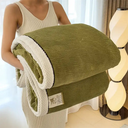 Olive green corduroy blanket with plush white sherpa lining complements decorbites cozy carved velvet throw