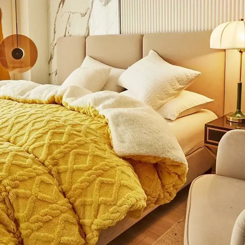 Yellow textured fleece duvet cover with plush white inner lining featuring cozy cashmere blanket duvet design