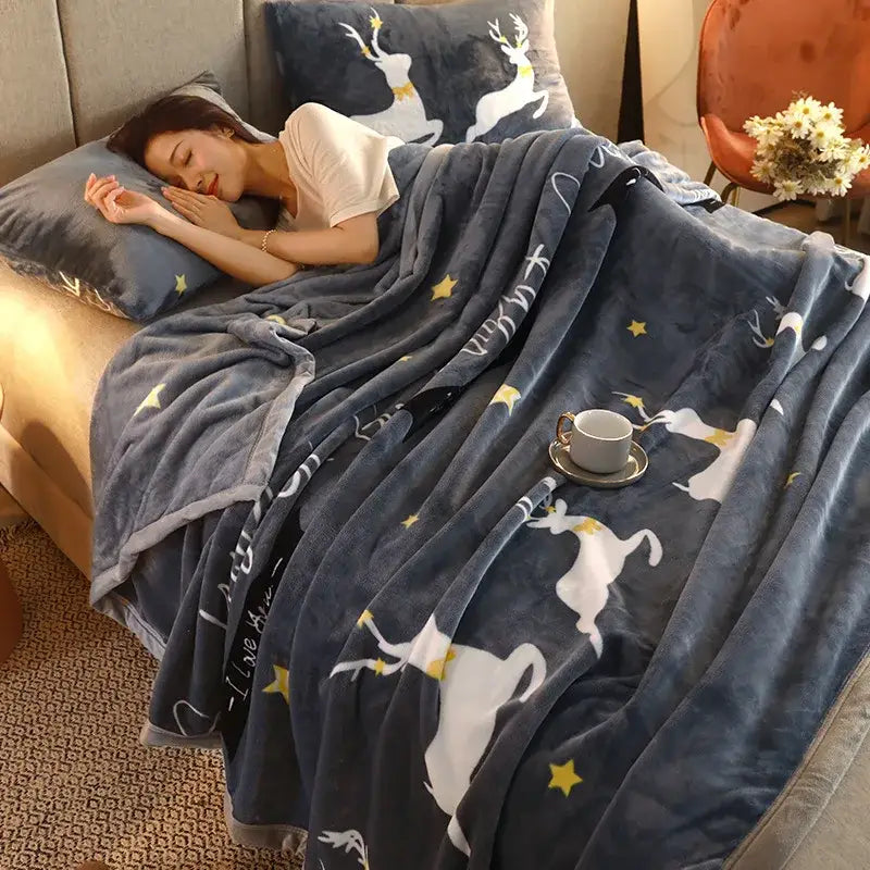 Decorbites cozy checkered fleece blanket in navy blue with white reindeer and yellow stars soft plush texture