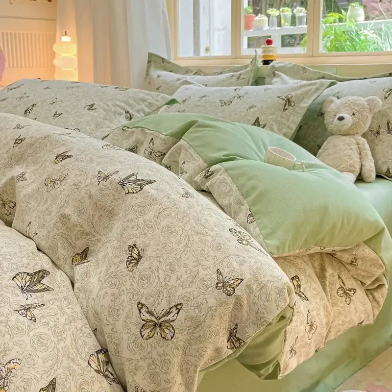 Beige and sage green butterfly-patterned cozy cotton bedding set with soft textured fabric for decorbites cozy cotton collection