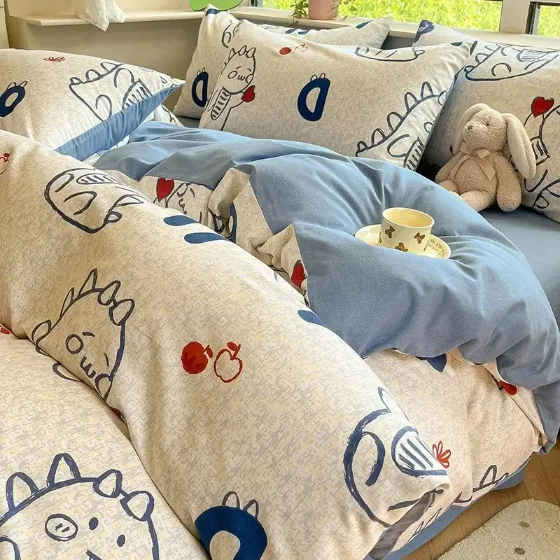 Beige and blue dinosaur-themed bedding set from decorbites cozy cotton featuring playful cartoon designs