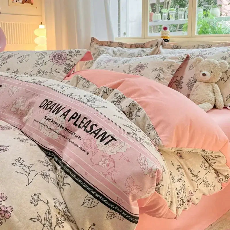 Pink and cream floral cozy cotton bedding set with draw a pleasant text band for decorbites cozy cotton bedding