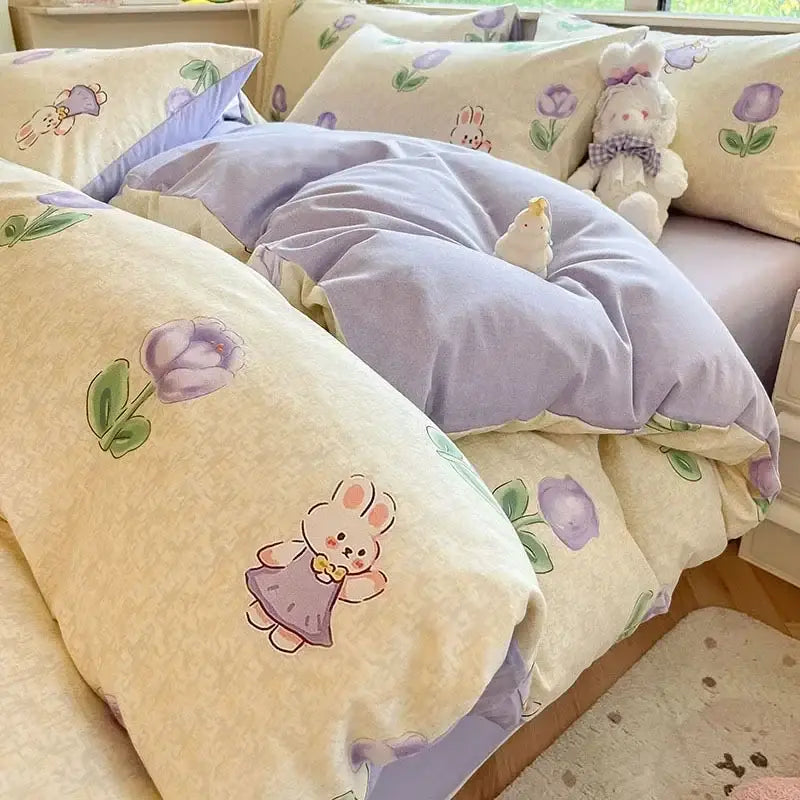 Pastel lavender and cream cozy cotton bedding set with cartoon bunnies and purple tulips from decorbites cozy cotton collection