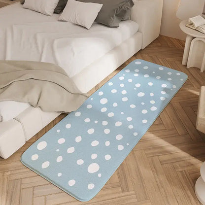 Light blue rectangular cozy faux lamb wool bedside rug with white polka dots for bedroom decorbites cozy faux