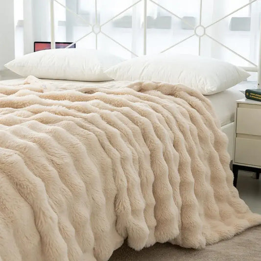 Cream-colored cozy faux rabbit velvet throw blanket with plush wavy texture for bedroom decorbites cozy faux use